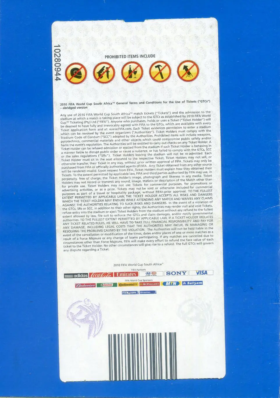 Билет Чемпионат мира World Cup 2010 Уругвай - Франция Uruguay France 11.06.2010 2