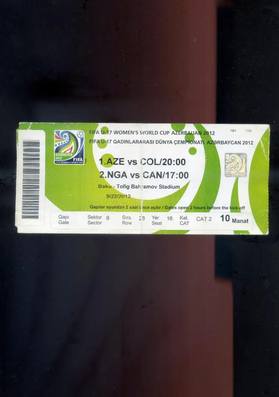 Билет Чемпионат мира 2012 (девушки U-17) Азербайджан - Колумбия + Нигерия-Канада 1