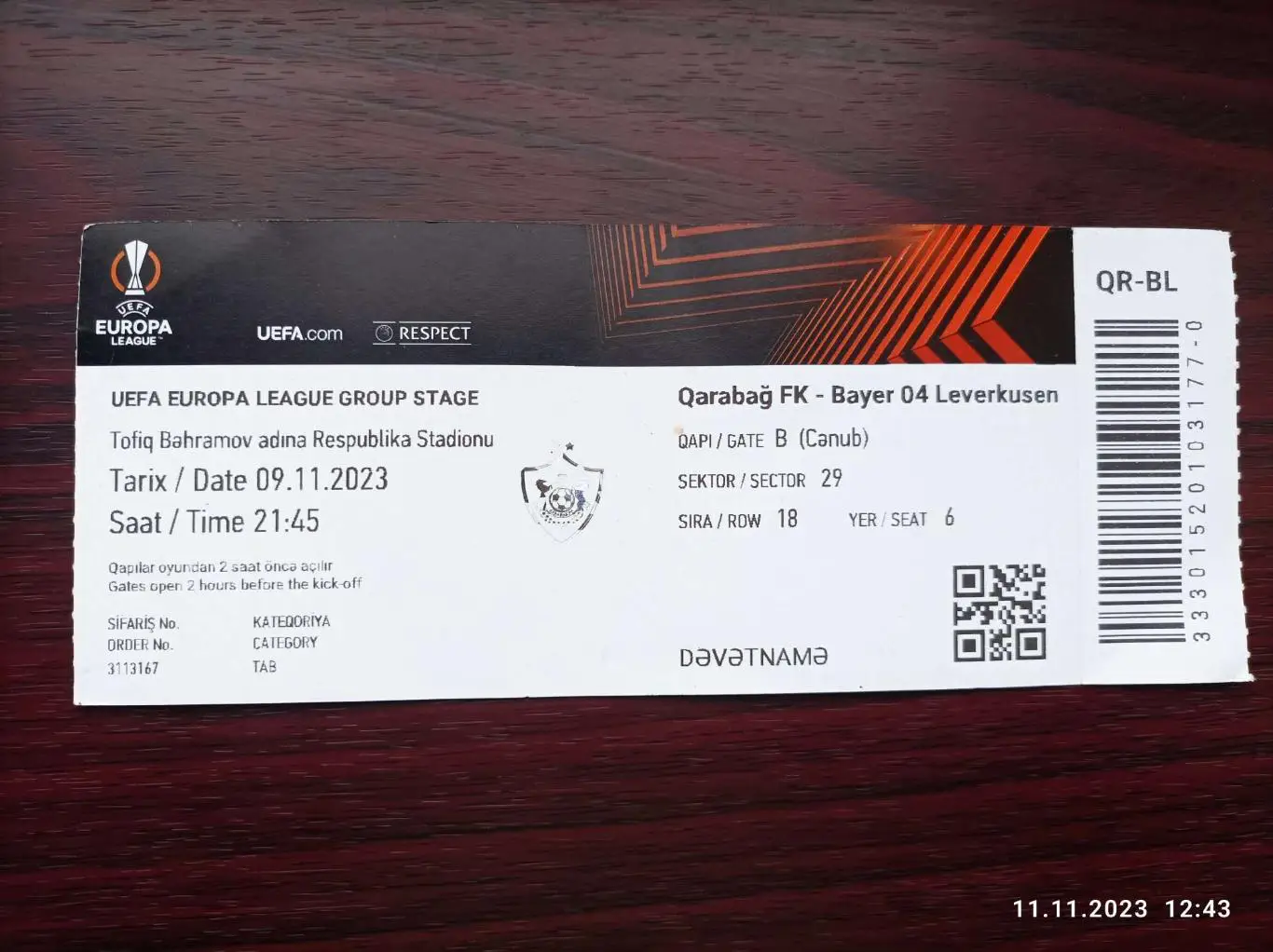 Билет Карабах Азербайджан - Байер Леверкузен Германия Bayer 04 Leverkusen 2023