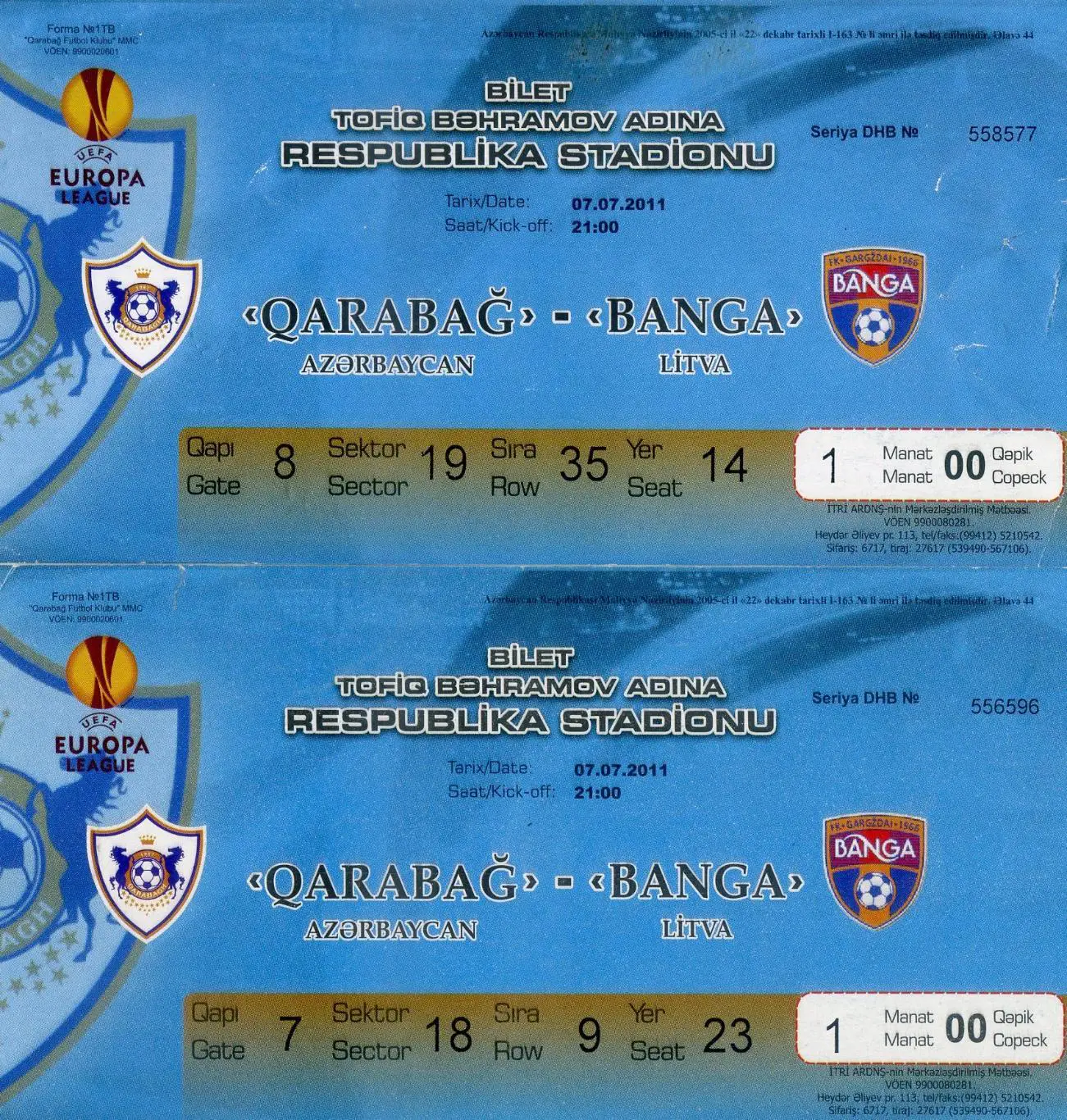 Билет ФК Баку Азербайджан - Экранас Литва 2009 + Карабах Банга 2011 - 4 билета 1