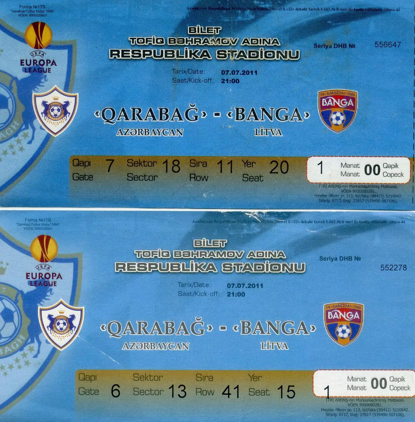 Билет ФК Баку Азербайджан - Экранас Литва 2009 + Карабах Банга 2011 - 4 билета 2