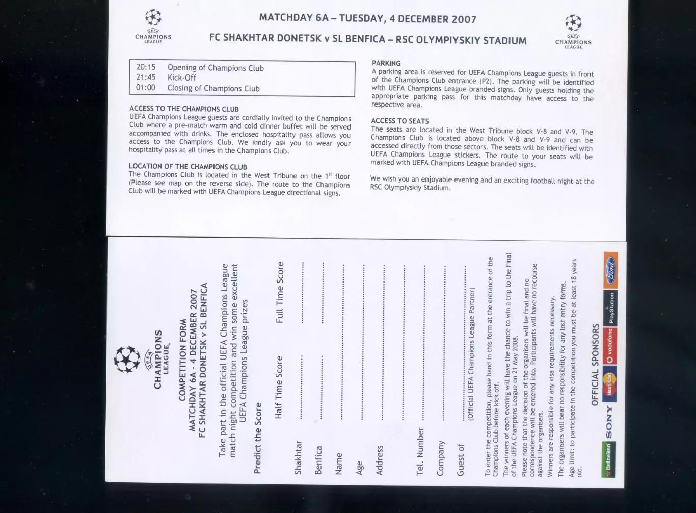 Шахтер Донецк-Бенфика Португалия 2007-Лига Чемпионов-2 билета + welcome package 2