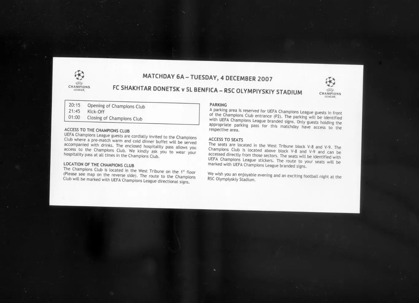 Шахтер Донецк-Бенфика Португалия 2007-Лига Чемпионов-2 билета + welcome package 3