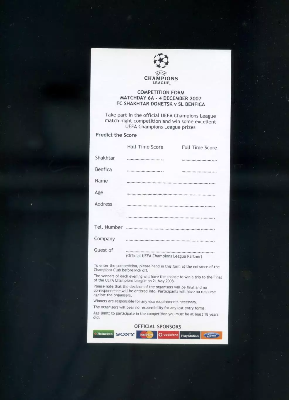 Шахтер Донецк-Бенфика Португалия 2007-Лига Чемпионов-2 билета + welcome package 4