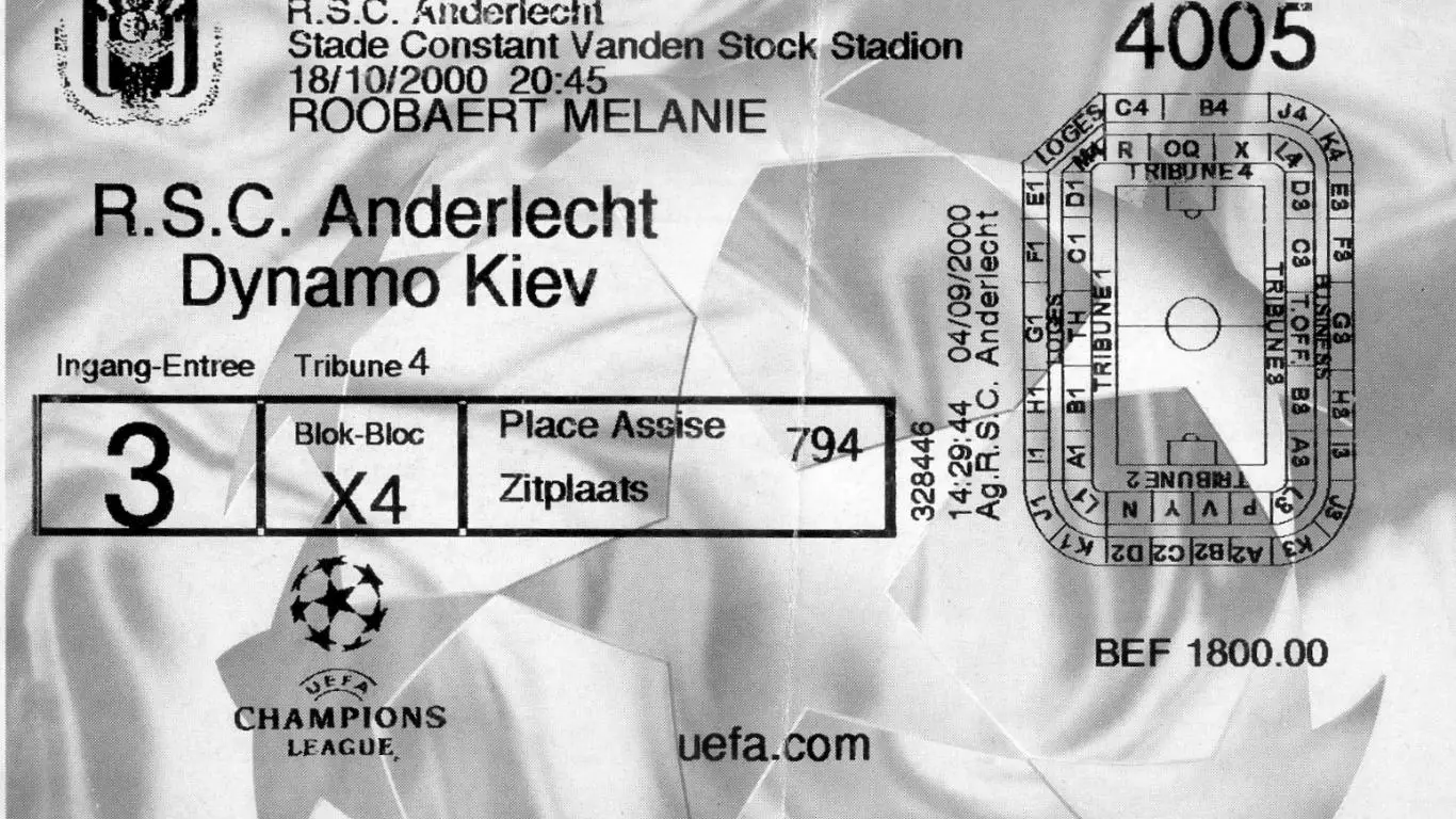Билет Андерлехт Бельгия - Динамо Киев 2000 - Лига Чемпионов