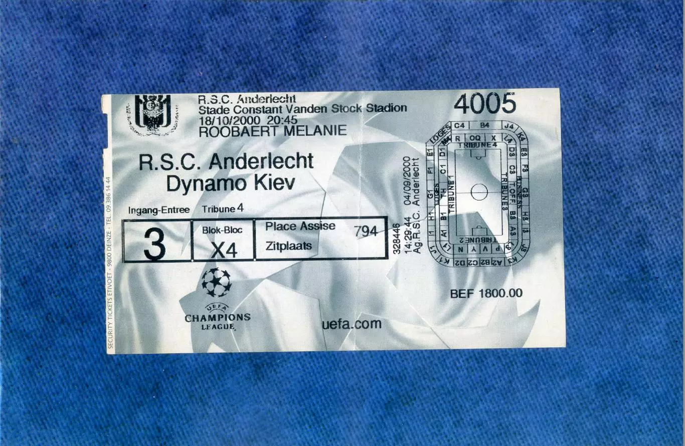 Билет Андерлехт Бельгия - Динамо Киев 2000 - Лига Чемпионов 1