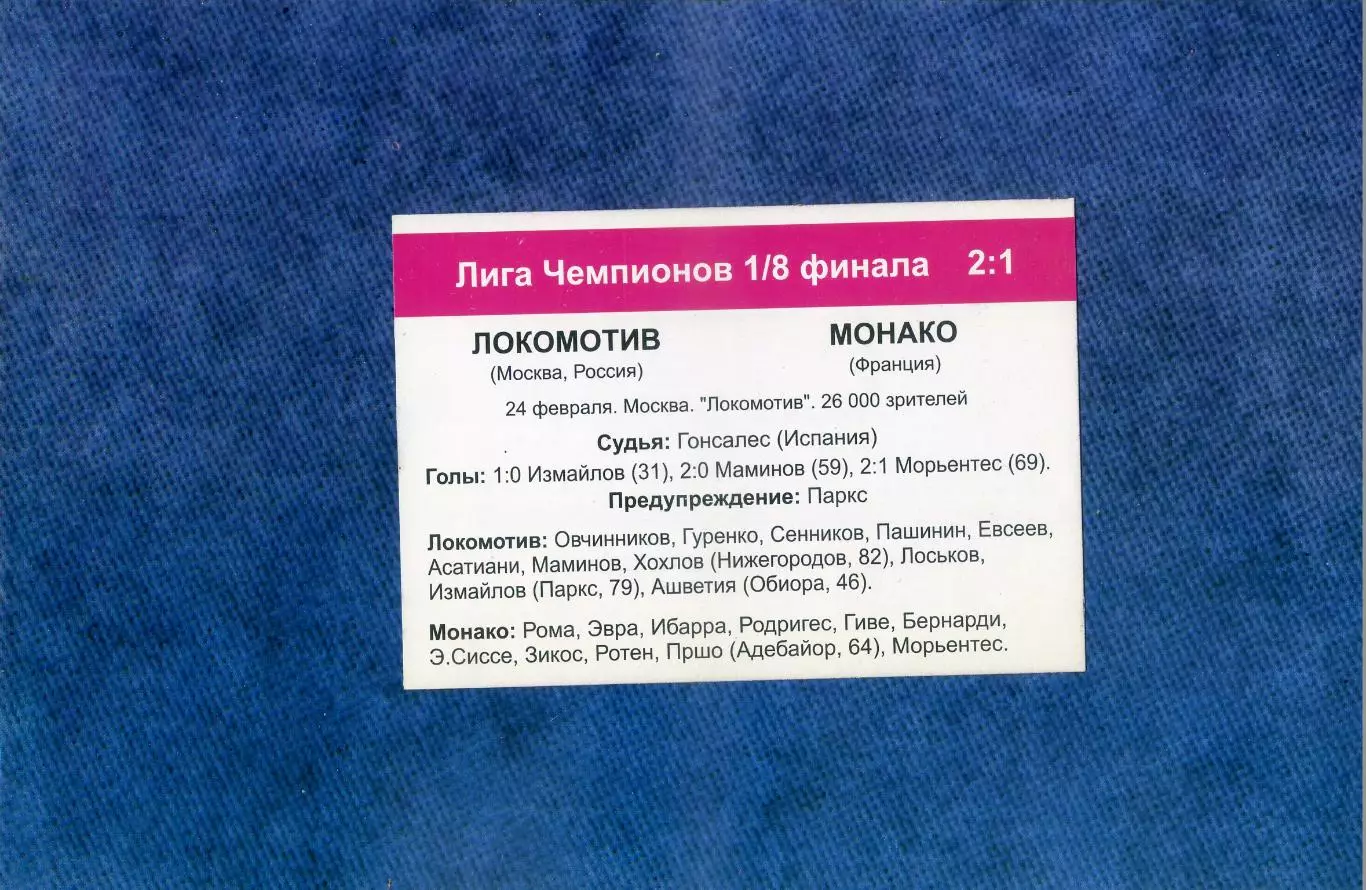 Карточка Локомотив Москва Россия - Монако Франция 2004 - Лига Чемпионов 1