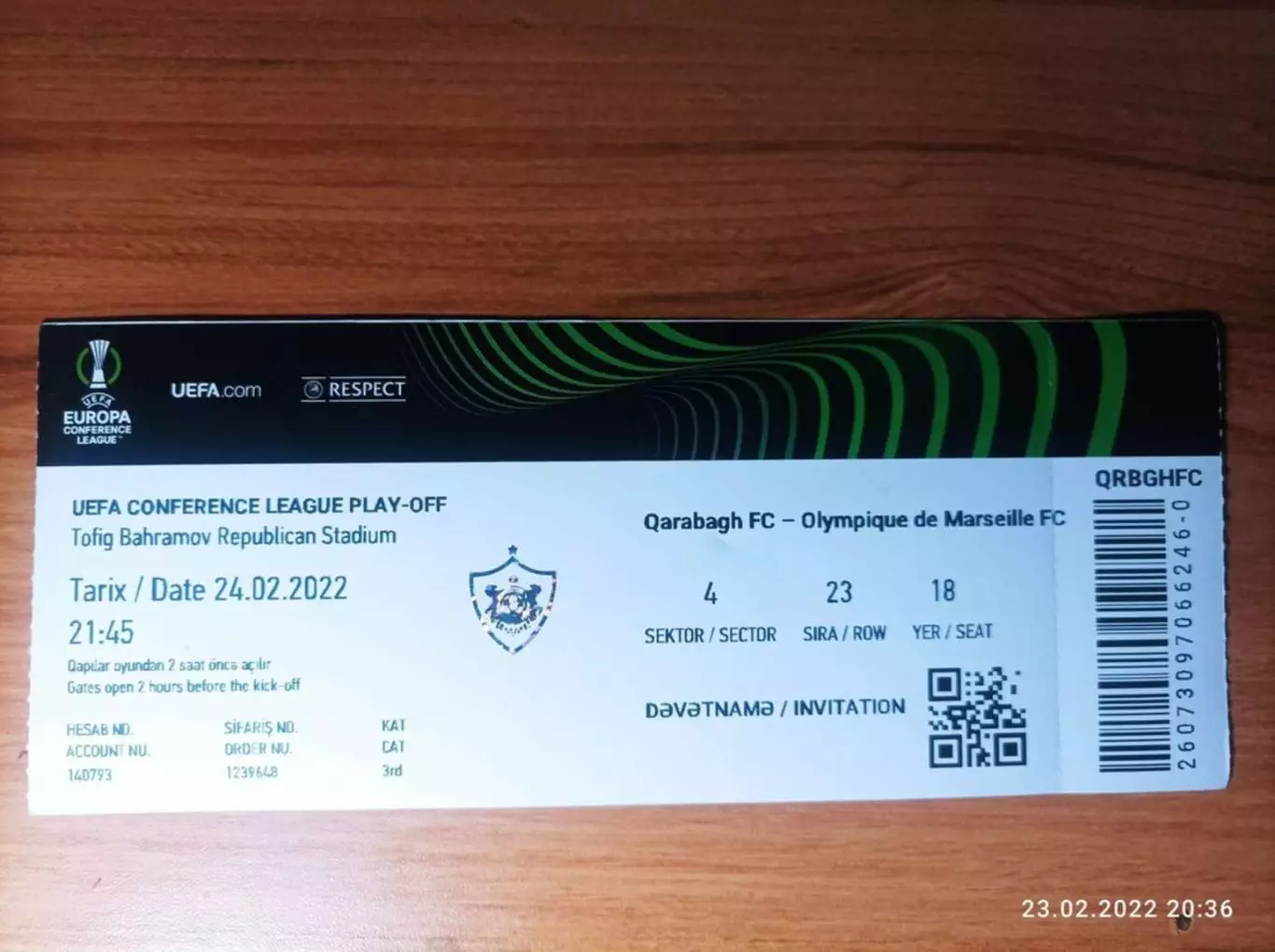 Билет Карабах Азербайджан-Олимпик Марсель Франция Olympique Marseille 2022 Идеал