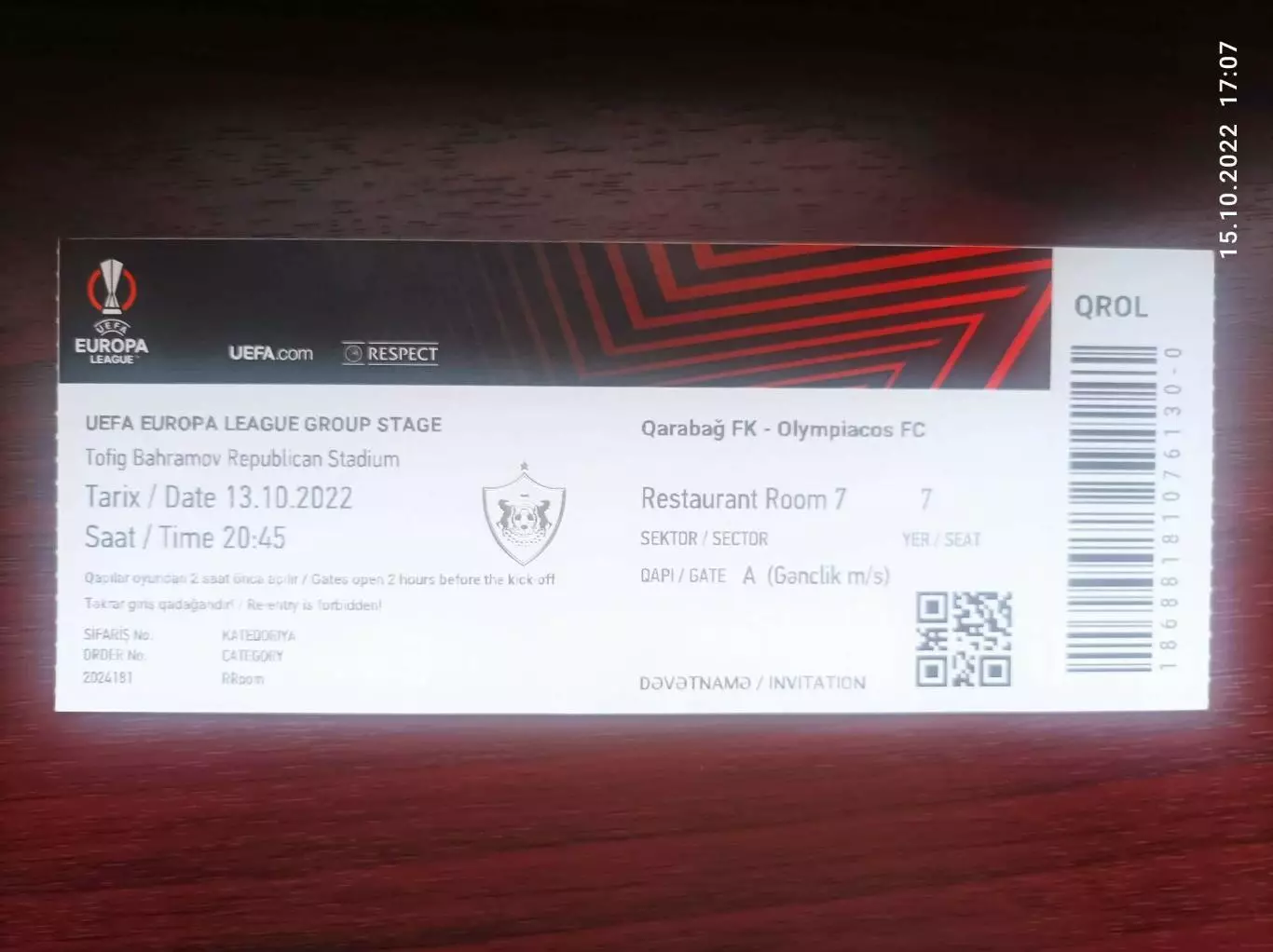 Билет Карабах Азербайджан-Олимпиакос Пирей Греция Olympiacos Piraeus Greece 2022