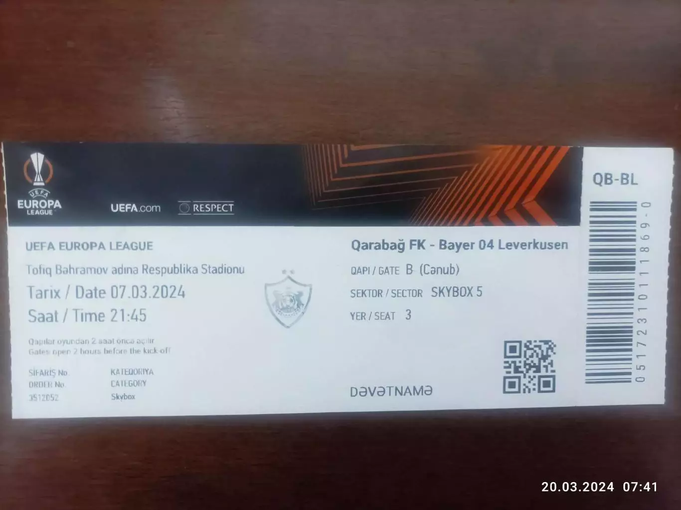 Билет Карабах Азербайджан - Байер Леверкузен Германия Bayer 04 Leverkusen 2024