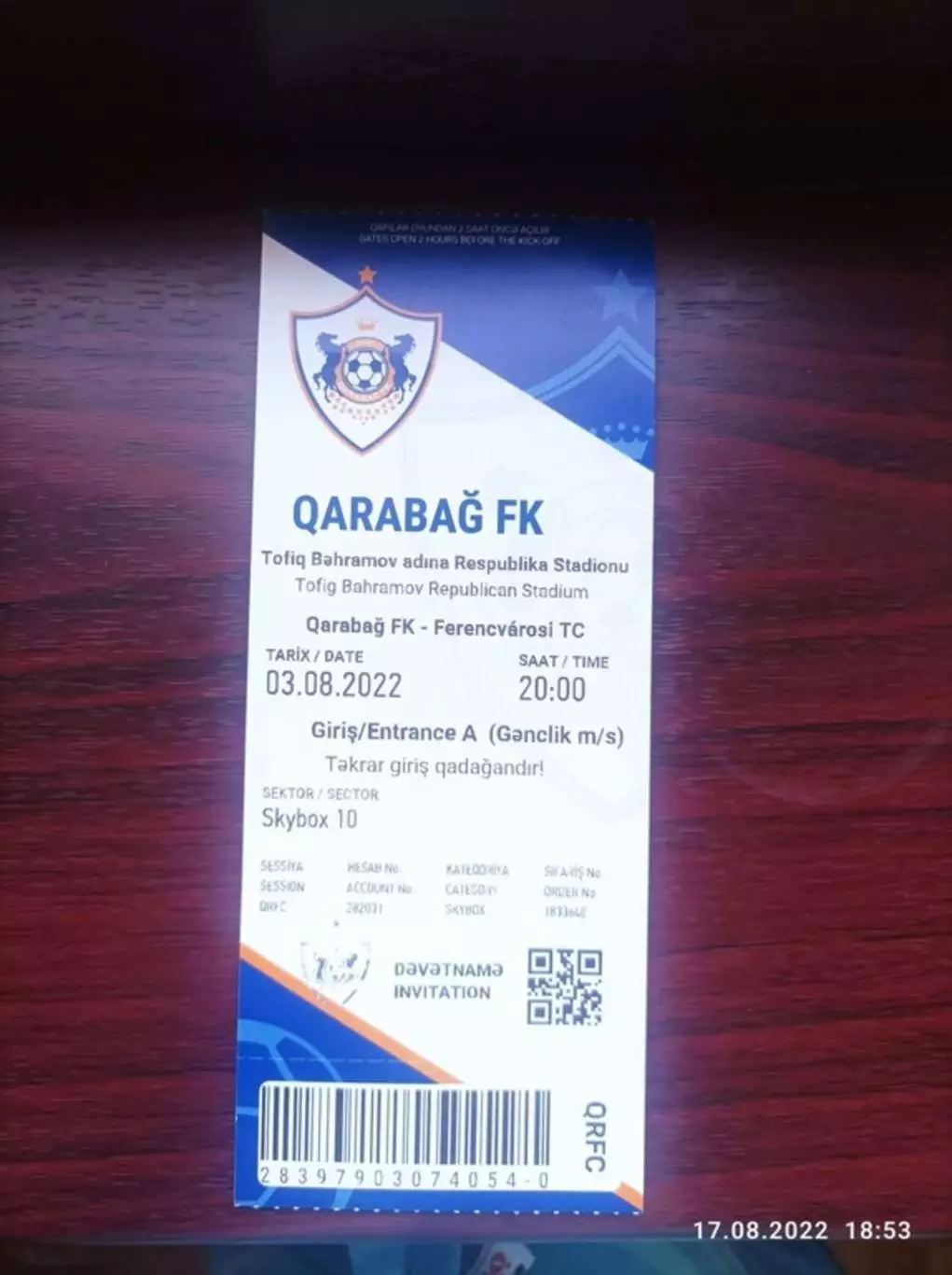 Билет Карабах Азербайджан-Ференцварош Венгрия Ferencvaros Budapest Hungary 2022