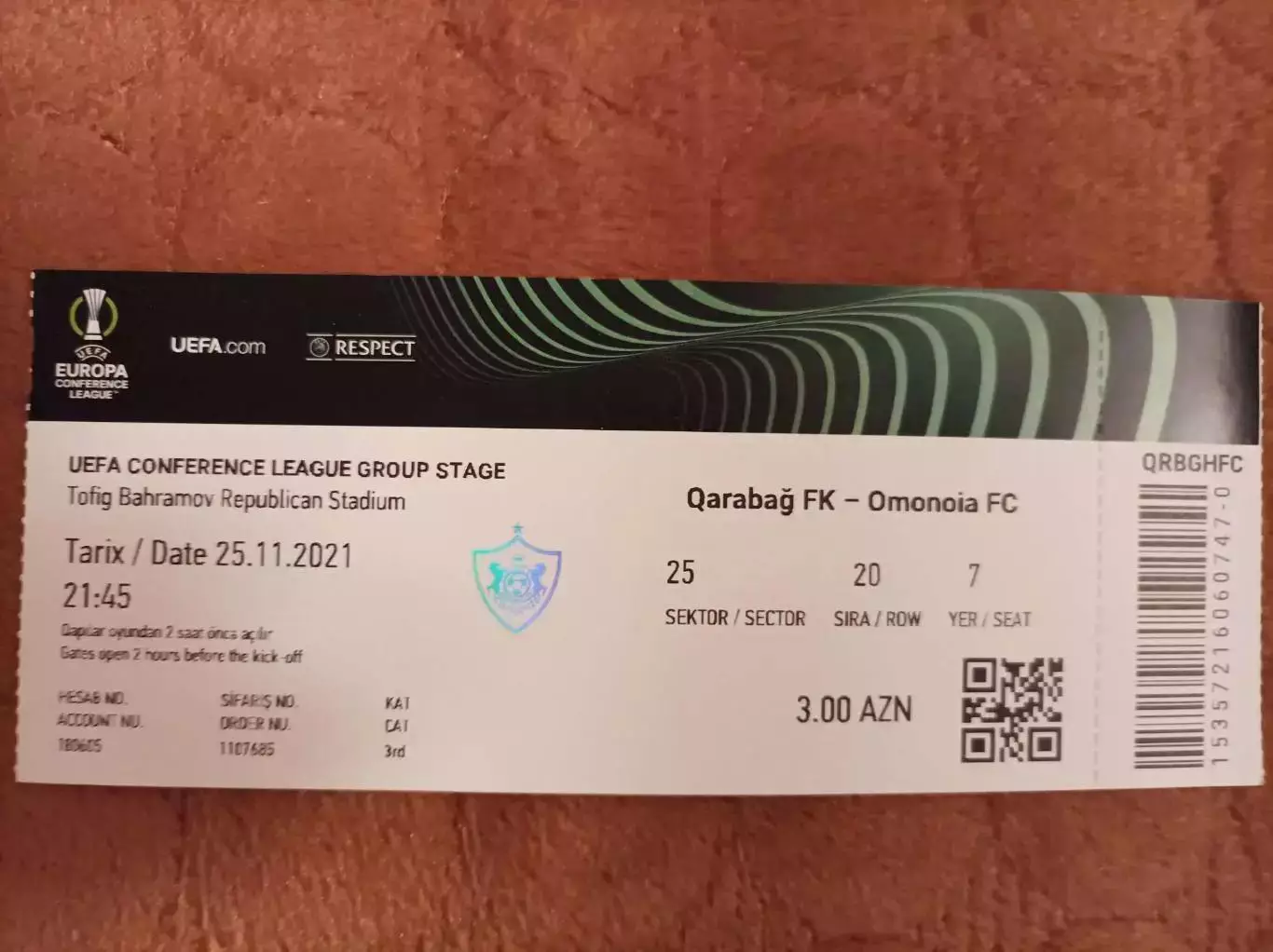 Билет Карабах Азербайджан - Омония Никосия Кипр 2021 Omonia Nicosia Cyprus ИДЕАЛ