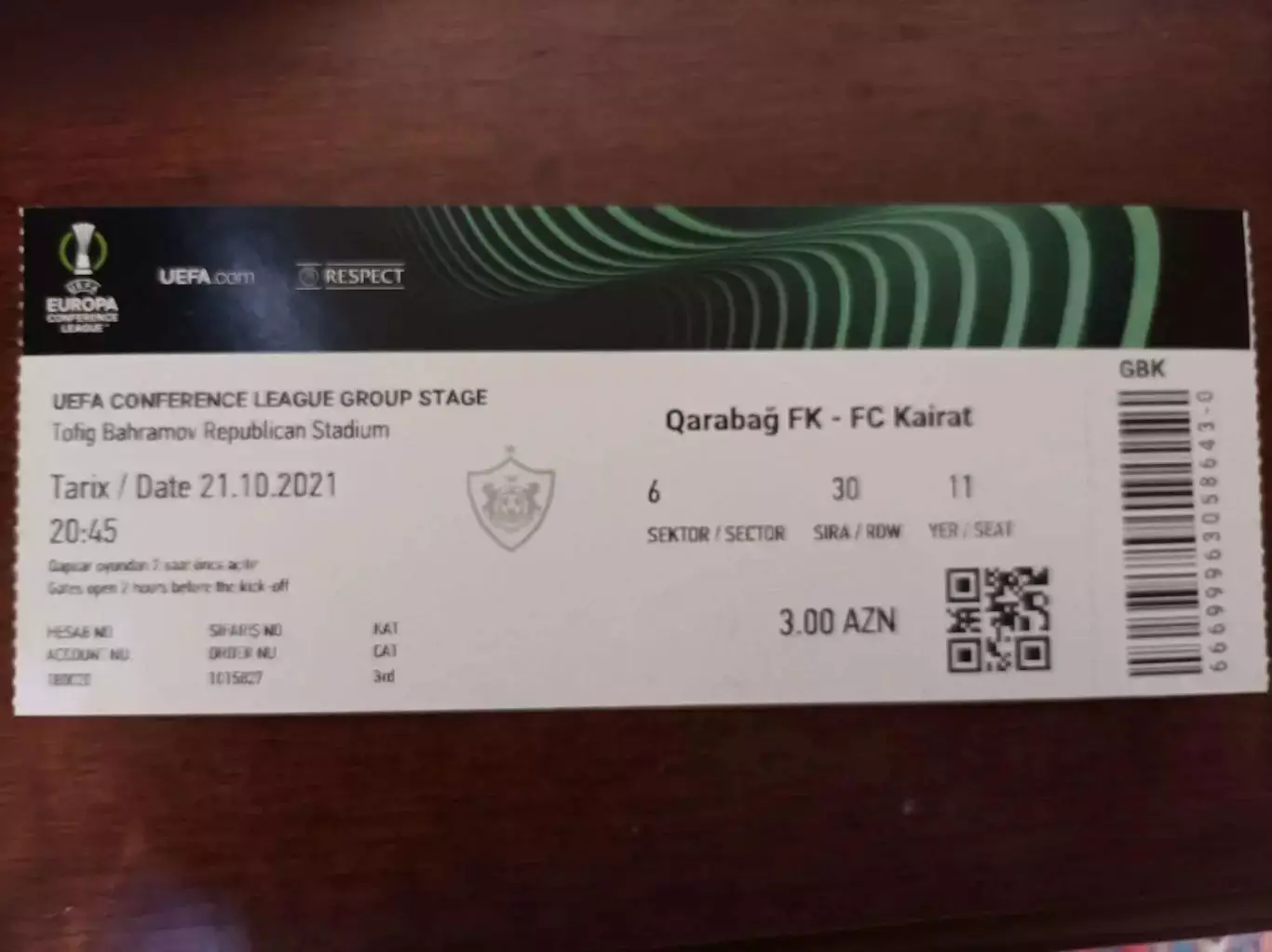 Билет Карабах Азербайджан - Кайрат Алматы Казахстан 2021 - Лига Конференций УЕФА