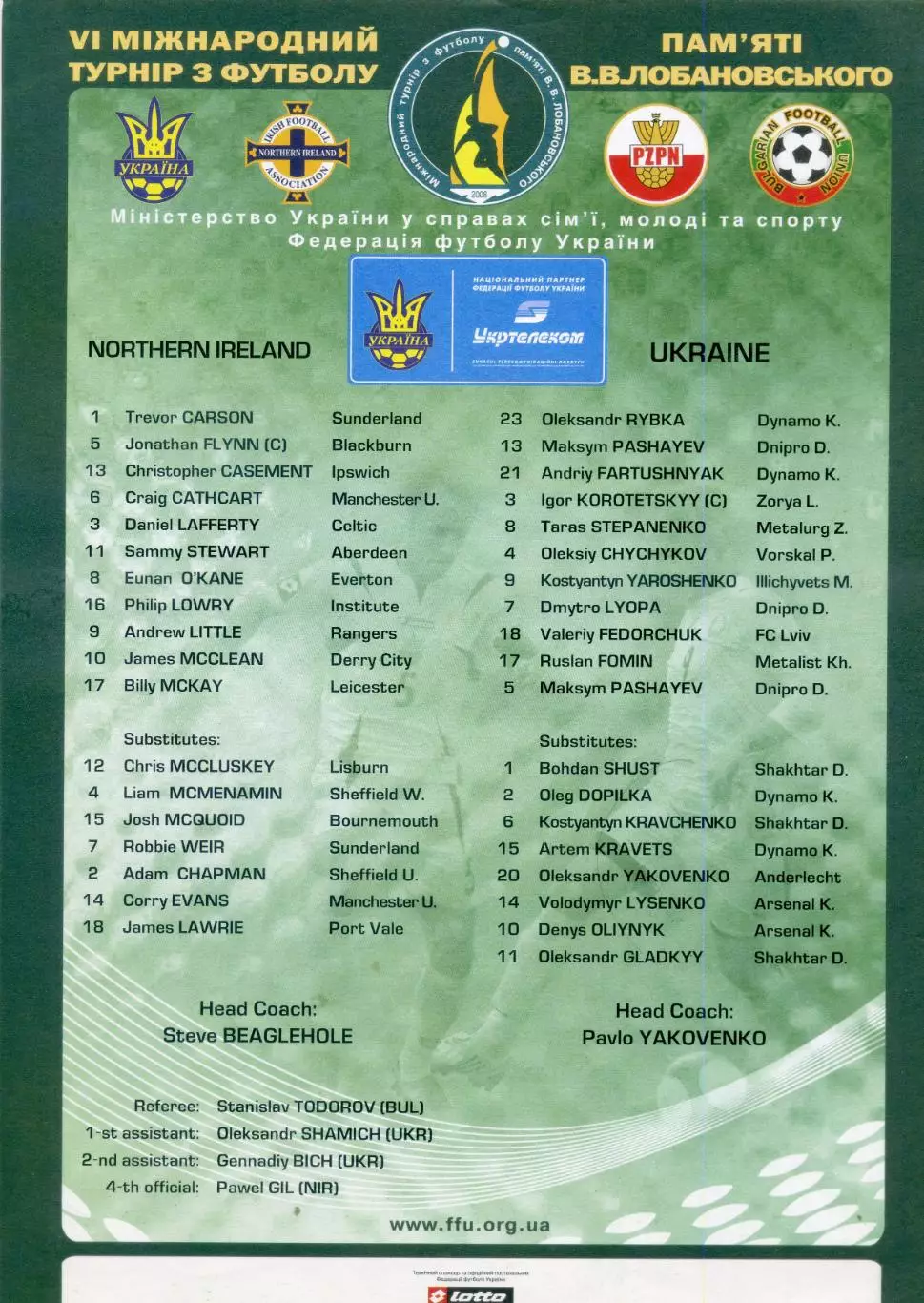 Турнир Лобановского 2008 +2 стартовых протокола Украина Польша Северная Ирландия 1