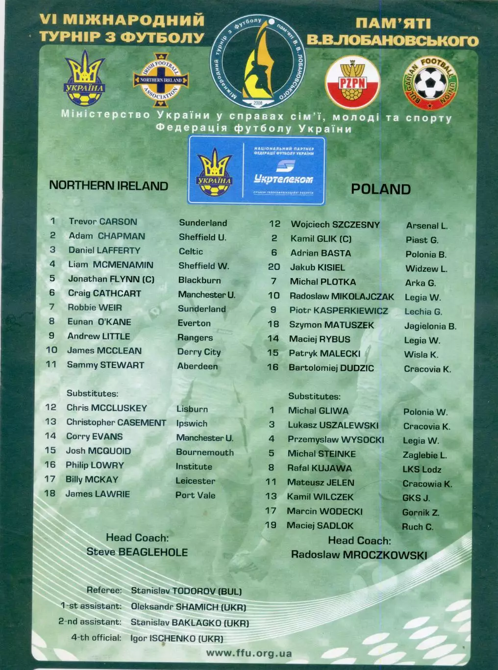 Турнир Лобановского 2008 +2 стартовых протокола Украина Польша Северная Ирландия 2
