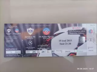 Билет Карабах Азербайджан-Рудар Плевля Черногория Rudar Pljevlja Montenegro 2015