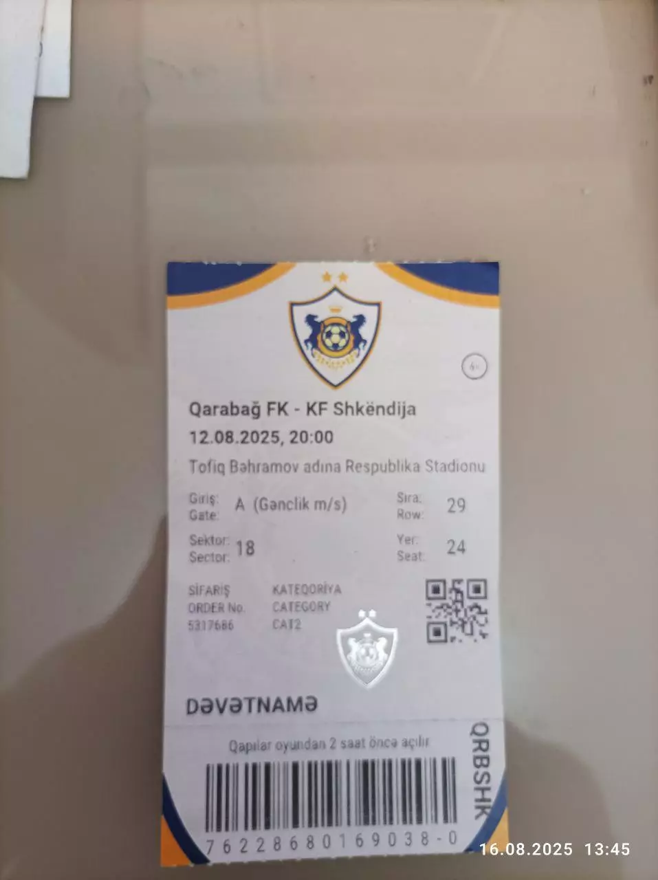 Билет Карабах Азербайджан - Шкендия Македония Shkendija Macedonia 2025