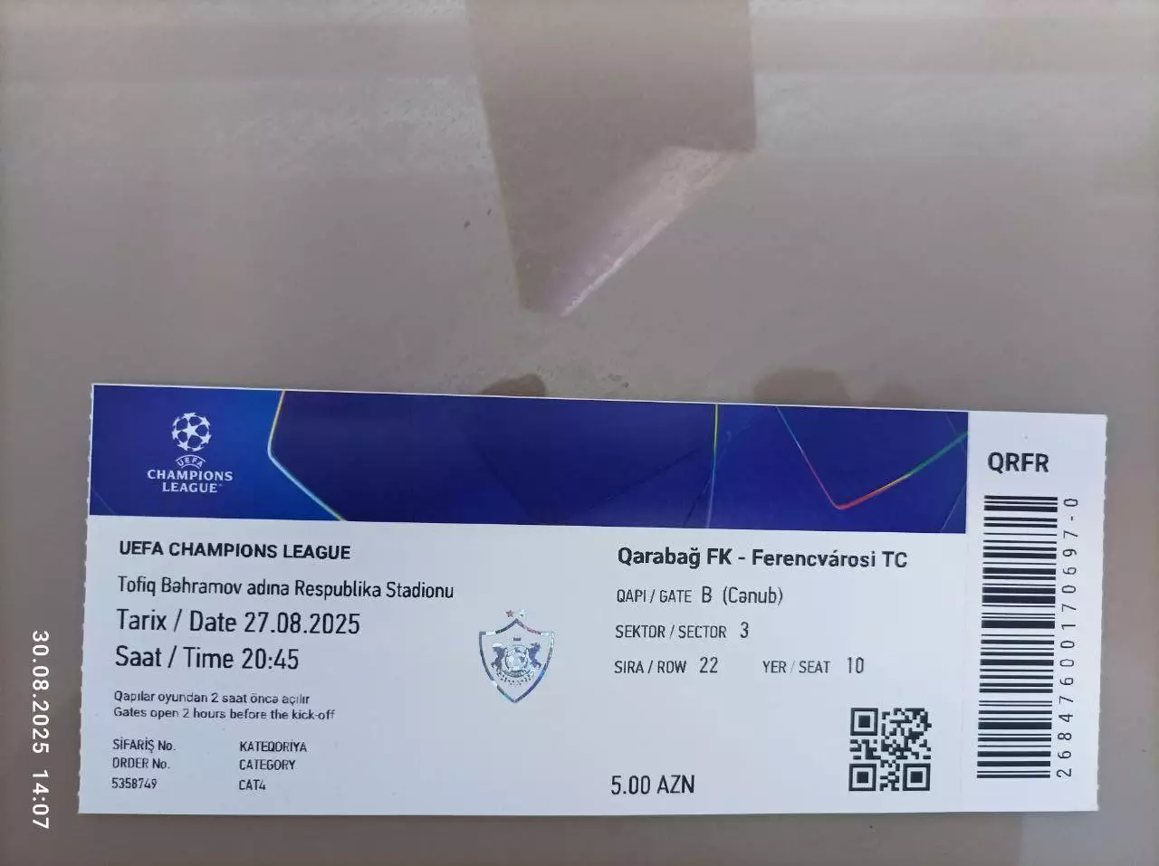 Билет Карабах Азербайджан-Ференцварош Венгрия Ferencvaros Budapest Hungary 2025