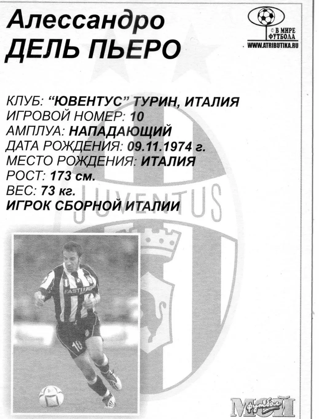 Открытка Алессандро Дель Пьеро Италия - Alessandro Del Piero Italy - Мой Футбол 1