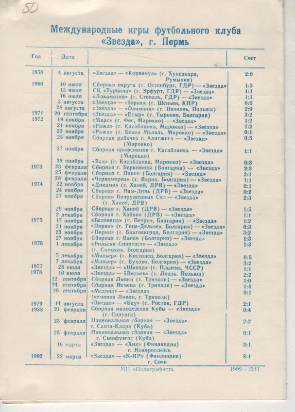 буклет футбол календарь игр Звезда г.Пермь 1992г. 1