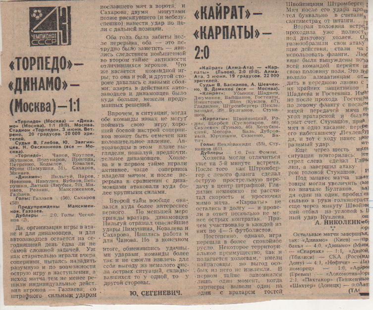 статьи футбол №14 отчеты о матчах Торпедо Москва - Динамо Москва 1980г.