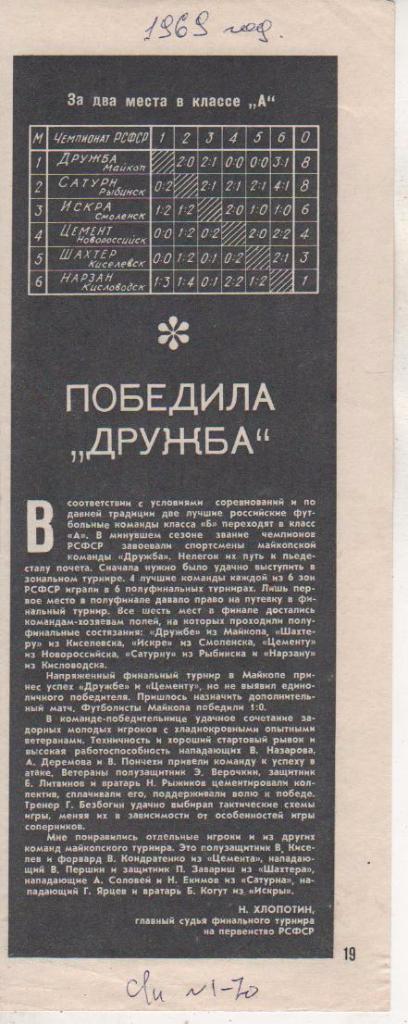 буклет футбол таблица результатов чемпионат РСФСР команд класса Б финал 1969г.