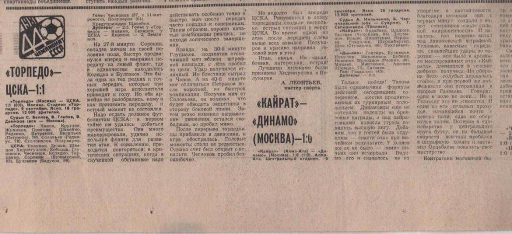 статьи футбол №195 отчеты о матчах Торпедо Москва - ЦСКА Москва 1981г.