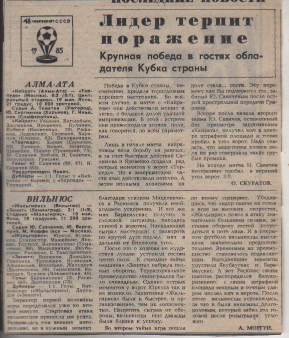 статьи футбол №198 отчеты о матчах Кайрат Алма-Ата - Торпедо Москва 1985г.