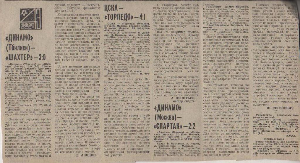 статьи футбол №305 отчеты о матчах ЦСКА Москва - Торпедо Москва 1980г.