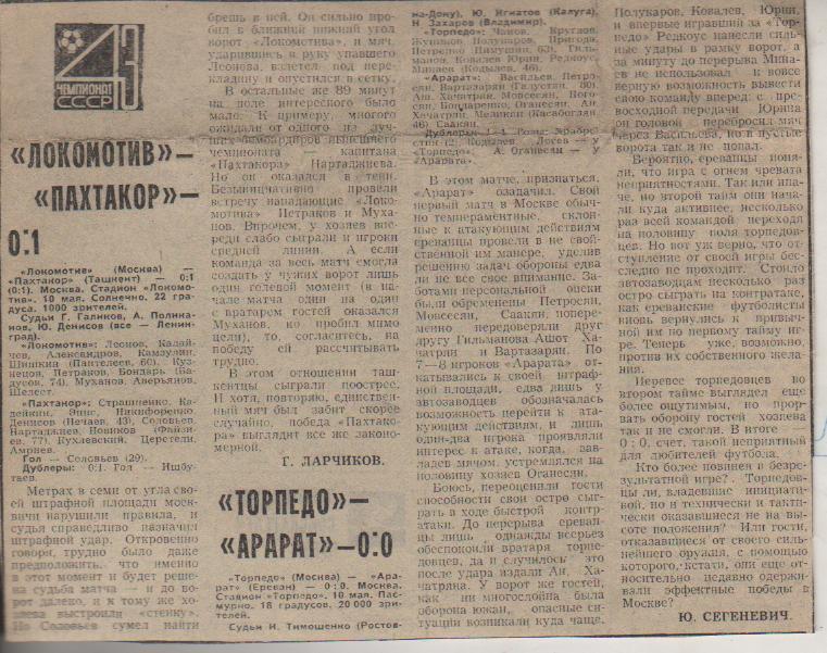 статьи футбол №330 отчеты о матчах Торпедо Москва - Арарат Ереван 1980г.