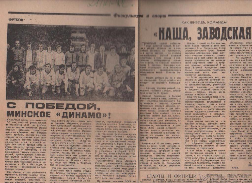 вырезки из журналов и книг футбол Динамо Минск - чемпион СССР по футбол 1982г
