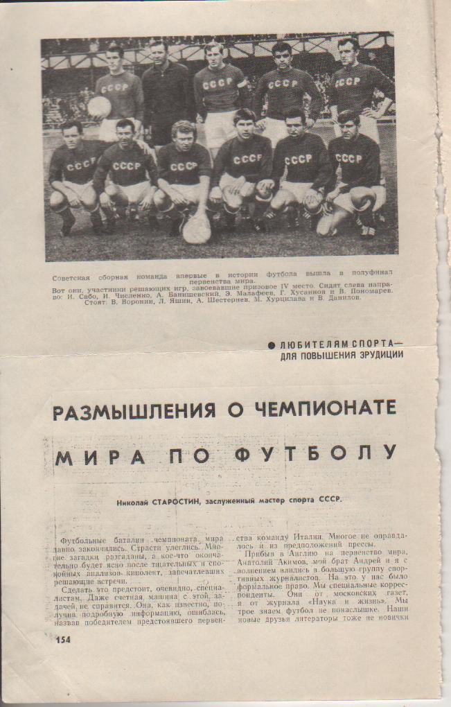 вырезки из журналов и книг сборная СССР по футболу на Ч.М. в Англия полуф 1966г.