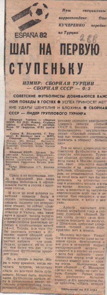 статьи футбол №339 отчет о матче сборная Турция - сборная СССР ОМ ЧМ 1981г.