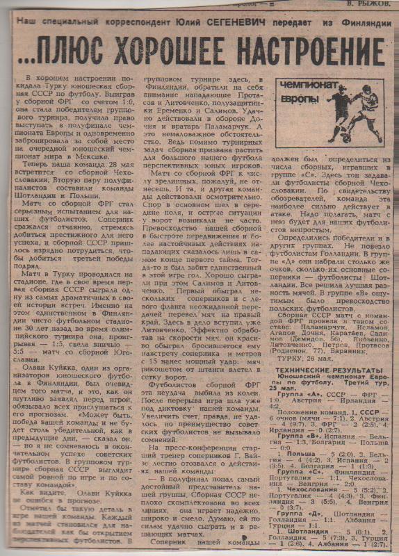 статьи футбол №358 отчеты о матчах сб. СССР -сб. ФРГ (юноши) Финляндия 1982г.