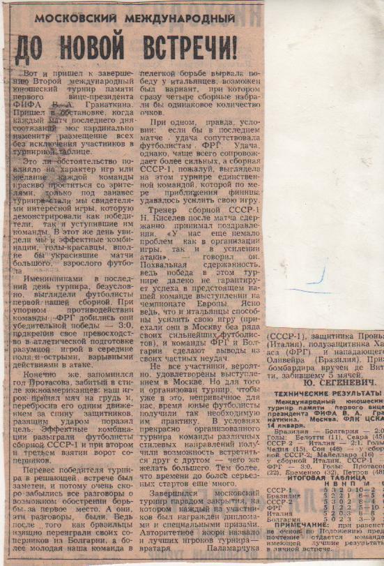 статьи футбол №367 отчеты с матчей межд. юнош. турнира на призы Гранаткина 1982г