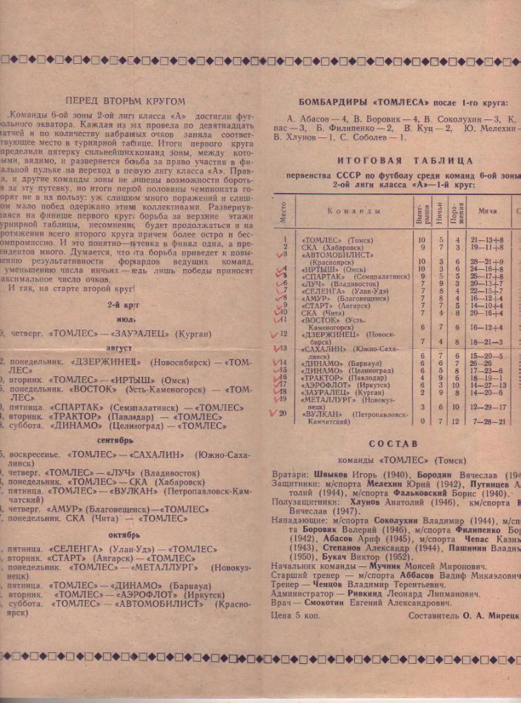 буклет футбол календарь игр и состав Томлес г.Томск в сезоне 1971г. II- круг 1