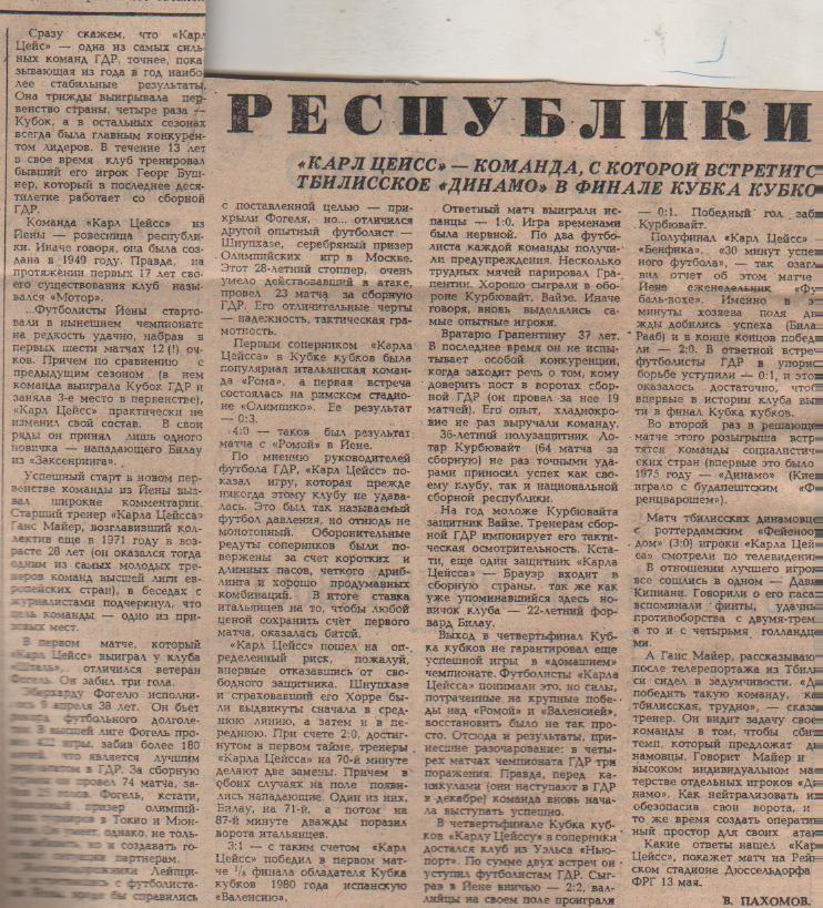 статьи футбол №70 отчеты об играх Зенит Ленинград - Нефтчи Баку 1981г. 1