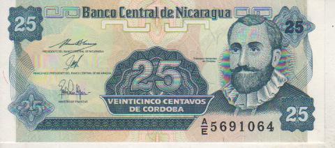 банкнота 25 cентаво Никарагуа 1991г. №А/Е 5691064 пресс