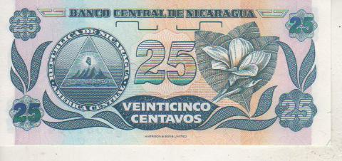 банкнота 25 cентаво Никарагуа 1991г. №А/Е 5691064 пресс 1