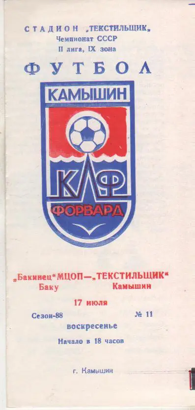 пр-ка футбол Текстильщик Камышин - МЦОП Бакинец Баку 1988г.
