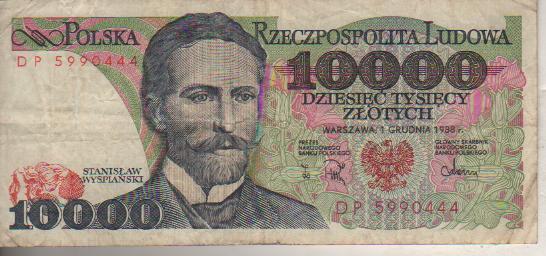 банкнота 10000 злотых Польша 1988г. №DP 5990444 была в ходу