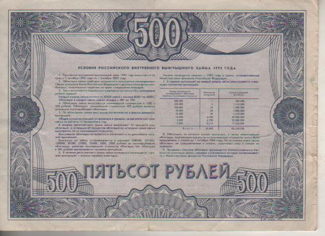 банкнота облигация 500 рублей СССР 1992г. №005 серия 39739 была в ходу 1