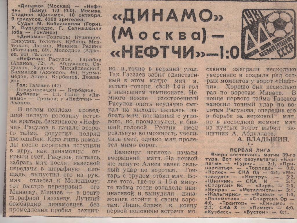 статьи футбол №389 отчет о матче Динамо Москва - Нефтчи Баку 1981г.