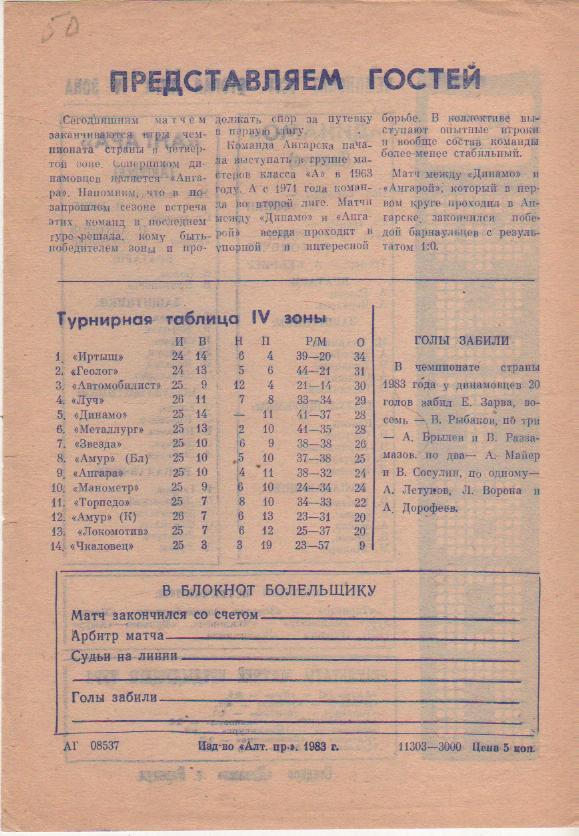 пр-ка футбол Динамо Барнаул - Ангара Ангарск 1983г. 1
