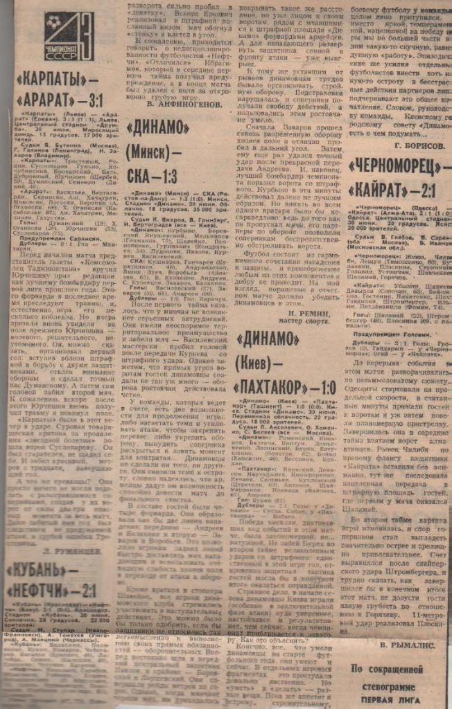 статьи футбол №209 отчеты о матчах Черноморец Одесса - Кайрат Алма-Ат 1980г.