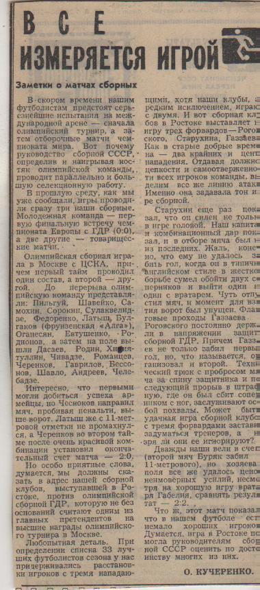 статьи футбол №213 отчет о матче сб. олимпийска ГДР - сб. клубов СССР МТМ 1980г.