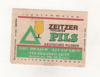 этикетка пивная Zeitzer vollbier пивзавод г.Дессау, ФРГ 0,33л (отмокашка)