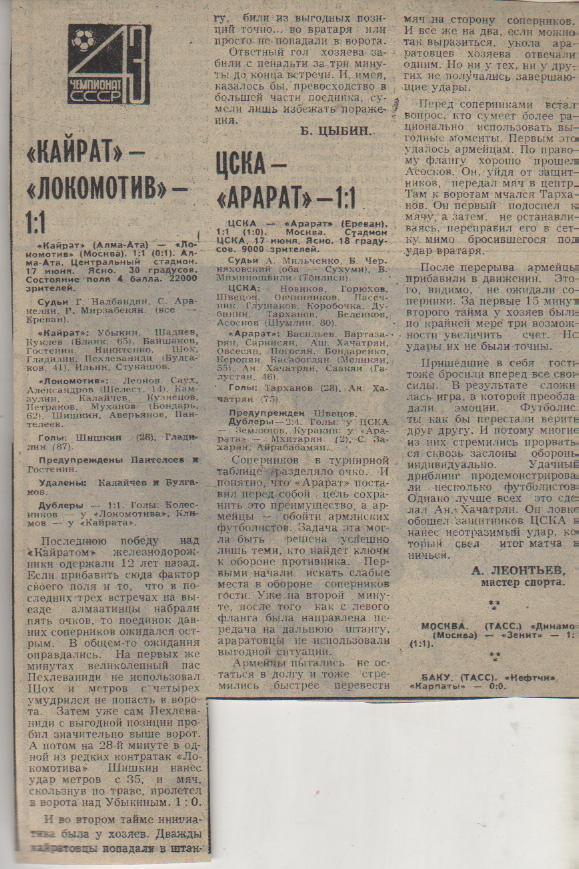 статьи футбол №334 отчеты о матчах ЦСКА Москва - Арарат Ереван 1980г.