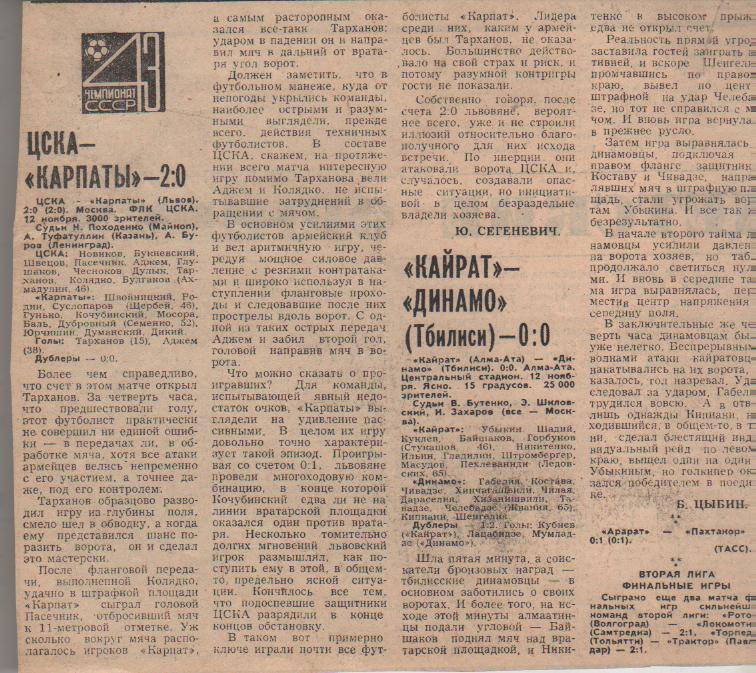 статьи футбол №360 отчеты о матчах ЦСКА Москва - Карпаты Львов 1980г.