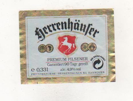 этикетк пивная Jerrenhaufer пивзавод г.Ганновер, Германия 0,5л (отмокашка)